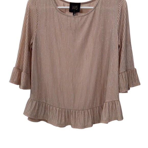 W5 Womens Ruffle Sleeve Rose Gold Metallic Striped Top Blouse SZ M Stretch - Picture 8 of 10